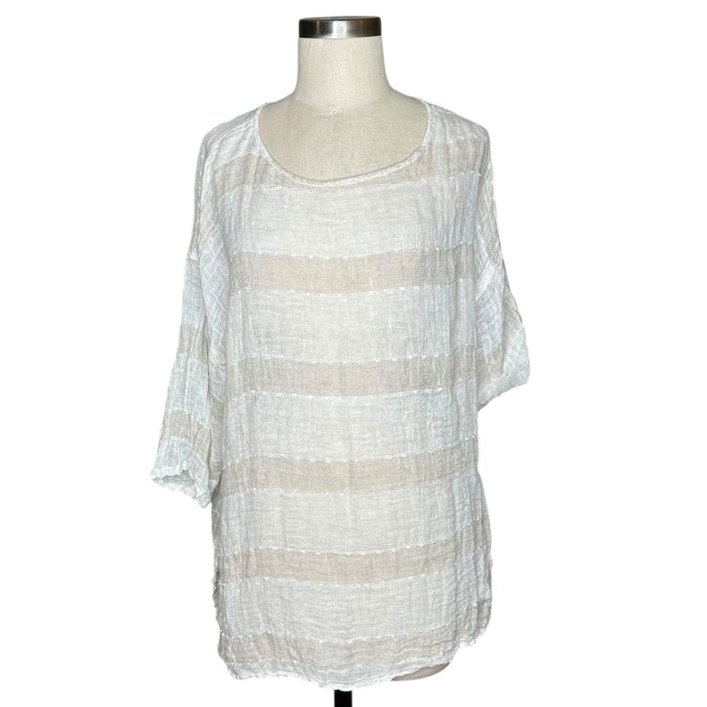 NAMSAR White Tan Brown Striped Linen Blouse‎ Women's Size One Size Lagenlook